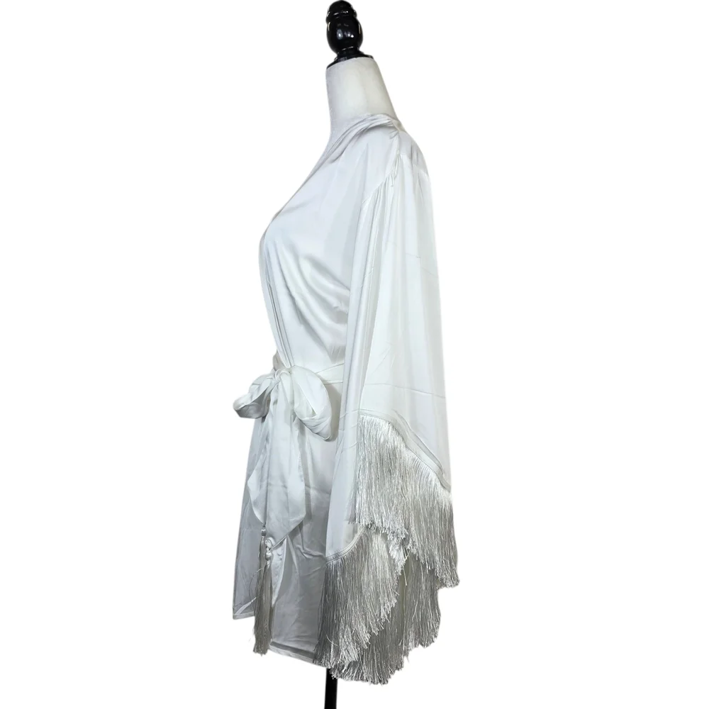 Homebodii Pricilla fringe Luxury White Satin Robe - Picture 5 of 16
